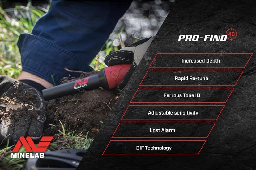 MINELAB PRO-FIND 40 Waterproof Pinpointer Metal Detector for Experts with Tone ID & Adjustable Sensitivity (Built-in Flashlight, Holster & Lanyard Included)