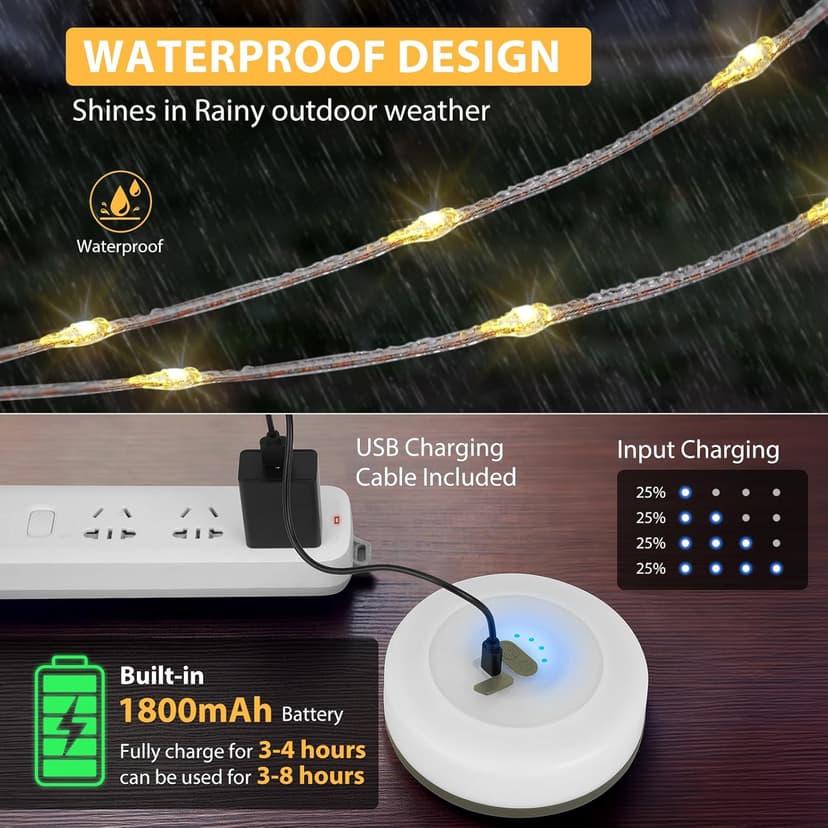 Camping String Lights, 4 in 1 Quick Storage Camping Essentials Gear 32.8FT Rechargeable Tent Lights with 9 Modes Hanging Waterproof LED Camp Lamp for Camping Hiking Patio Garden Festival -Warm +RGB
