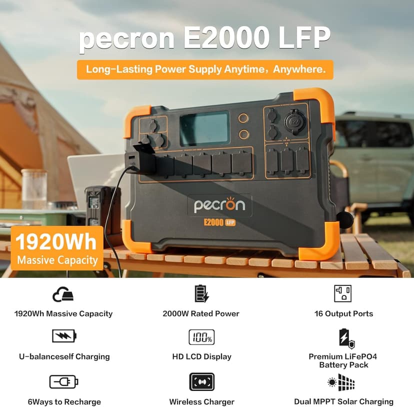 pecron Portable Power Station E2000LFP, 1920Wh Power Station 5X2000W AC Outlets, LiFePO4 Battery Backup Expandable to 8064Wh, 1200W Max Solar Input Solar Generator for Home, Camping, RV, Emergency