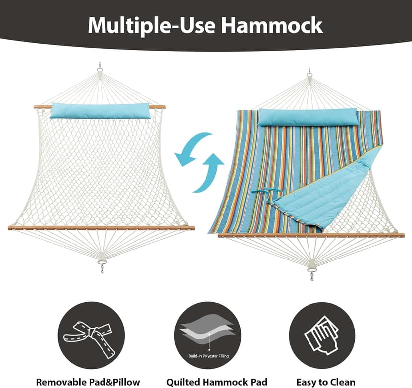 Outdoor Double Hammock with Hardwood Spreader Bars, Cotton Rope Hammock with Polyester Pad and Pillow, 475 LBS Capacity 2 Person Hammock, Large Hammock for Patio Backyard Poolside - Bule Stripe