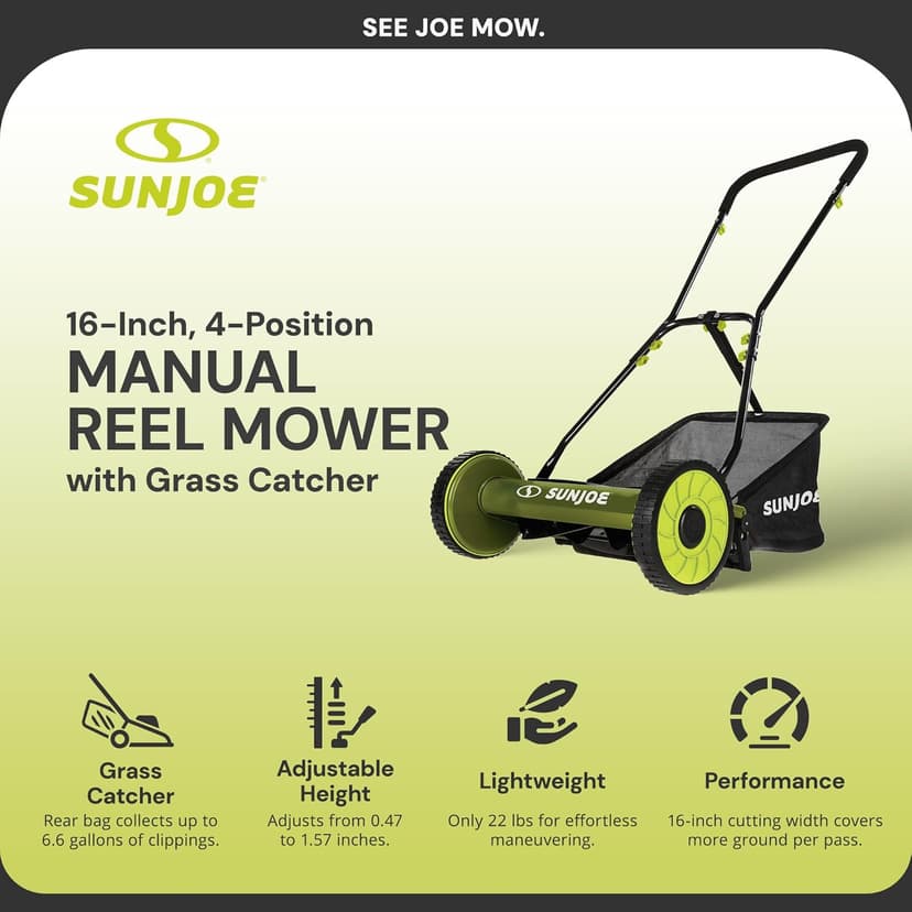 Sun Joe MJ500M 16-Inch Manual Reel Mower w/Adjustable Cutting Height, 6.6-Gallon Removable Grass Catcher, 5 Steel Blades, 2-Wheels