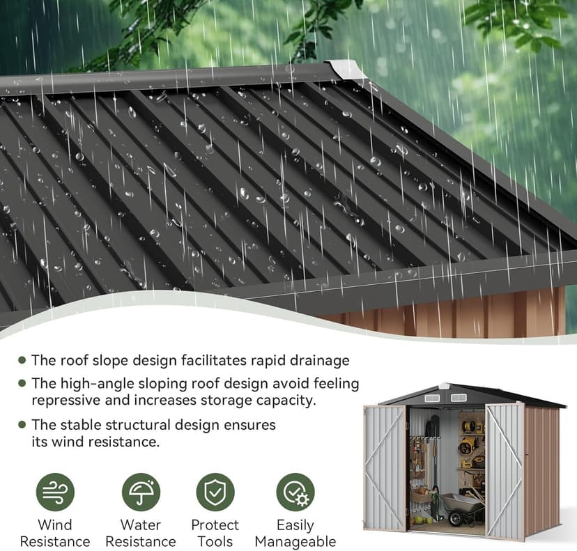 Aoxun 6.2x4 FT Shed Outdoor Storage Shed Metal Garden Shed with Lockable Doors & Slooping Roof Tool Shed Bike Shed for Backyard, Patio, Poolside (Brown)
