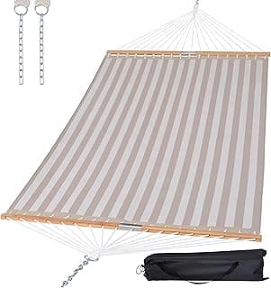 SUNCREAT Hammocks 14 FT Quick Dry Hammock Double Size with Spreader Bar, 2 Person Hammock for Outdoor Patio Yard Poolside, 450 lbs Capacity, Light Gray Stripes