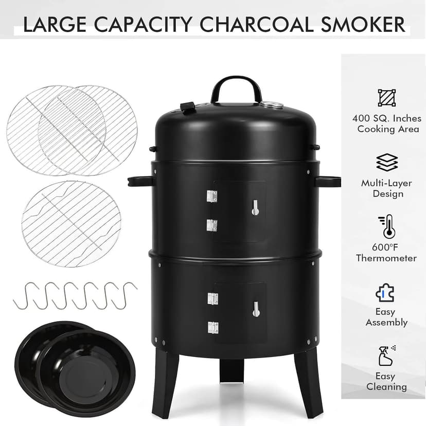 Giantex 3-in-1 Outdoor Smoker Grill, Portable Charcoal BBQ Grill with Smoker Combo, Built-in Thermometer and Air Vent, 6 Hooks, 2 Layers Vertical Steel Charcoal Smoker for Outdoor Cooking Camping