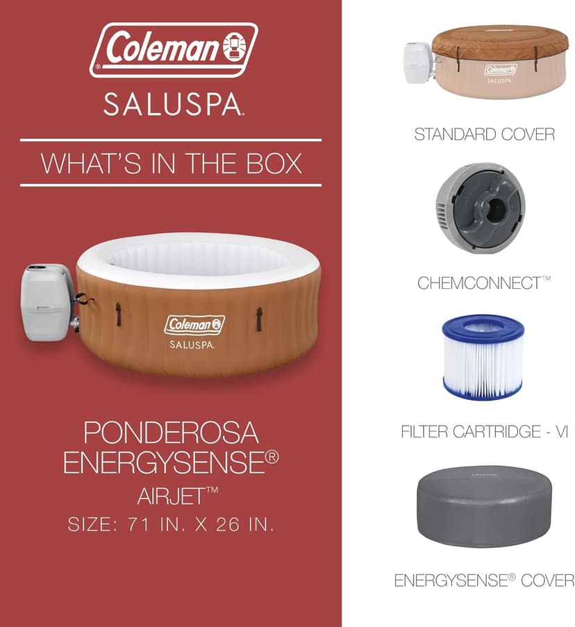 Coleman Ponderosa AirJet 2 to 4 Person Inflatable Hot Tub Round Portable Outdoor Spa w/ 120 AirJets & EnergySense Energy Saving Cover, Orange