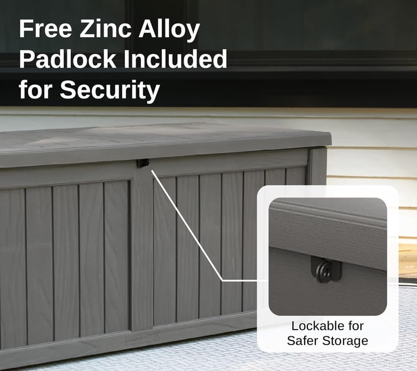 EAST OAK Outdoor Storage Box, 120 Gallon Deck Box with Stainless Steel Rods Large Resin Storage Bin for Patio Cushions, Garden Tools, Waterproof and UV Resistant, Lockable, outside storage, Grey