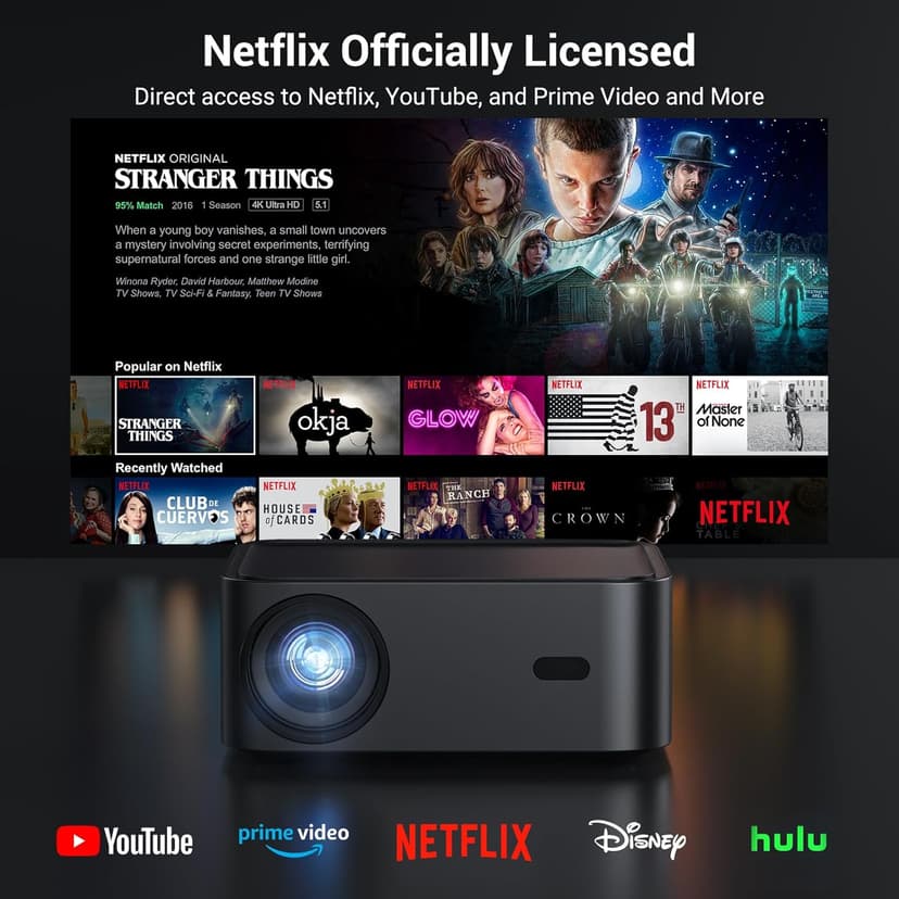 Official Licensed Netflix Smart Projector, HAPPRUN Projector 4K with Wifi and Bluetooth, DoIby Audio, Built-in Apps, Native 1080P 1000ANSI, Electric Focus, Portable Projector for Home Cinema, Bedroom