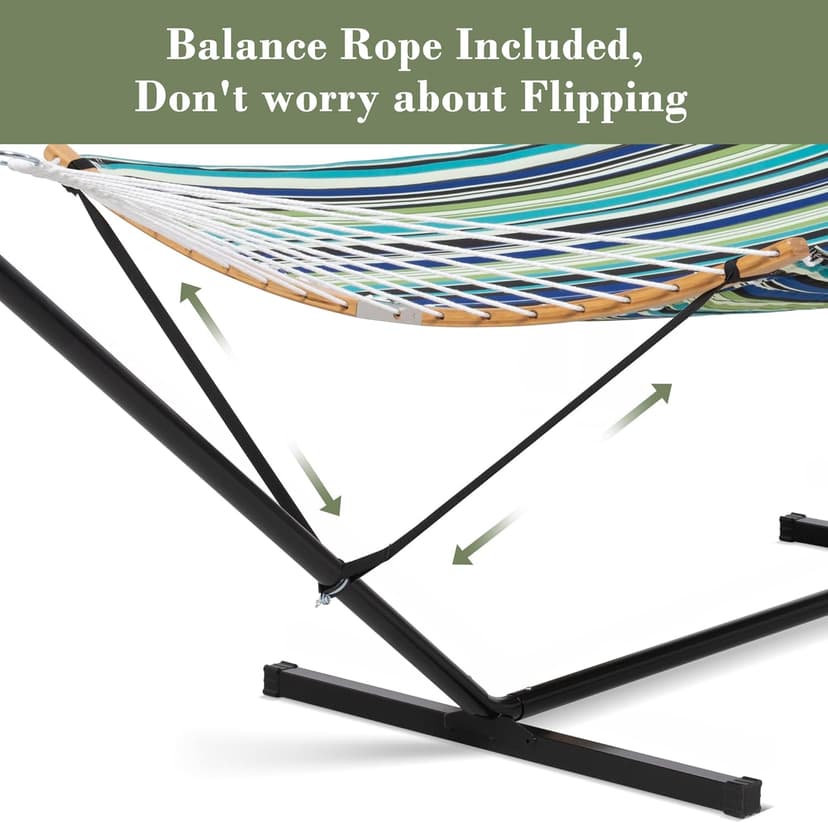 SUNCREAT Heavy Duty Double Hammock and Stand, Free Standing Two Person Hammock with Stand, Green Stripes