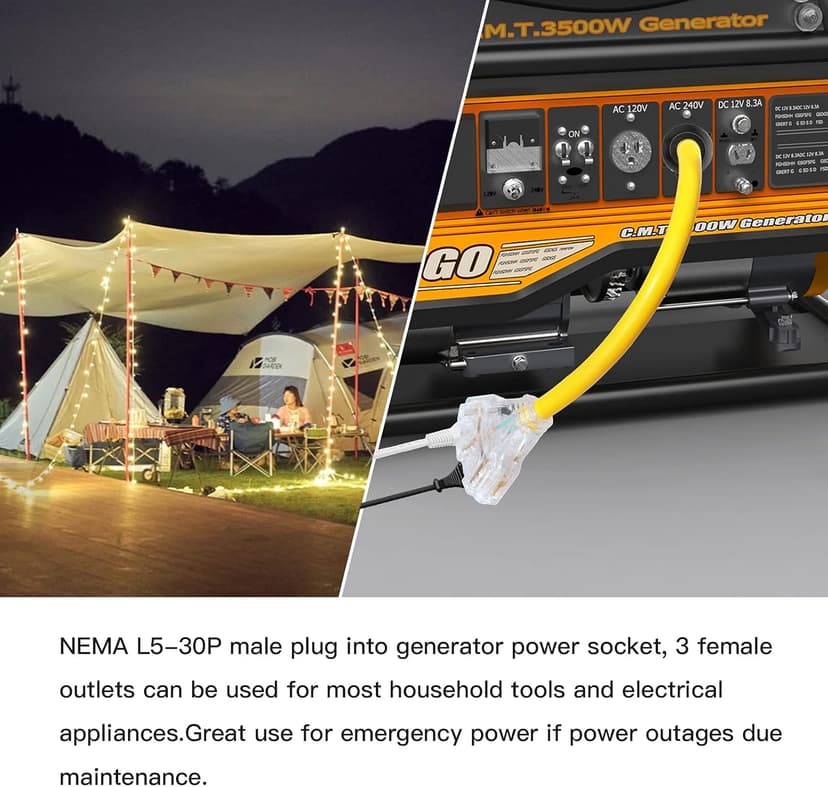 30 Amp to 110 Adapter Generator Power Cord, 3 Prong 30 Amp to 15 A Generator Adapter, Nema L5-30P Male Twist-Lock Power Plug to 3X 5-20R/5-15R 3-Way Outlet Female with Light Indicator