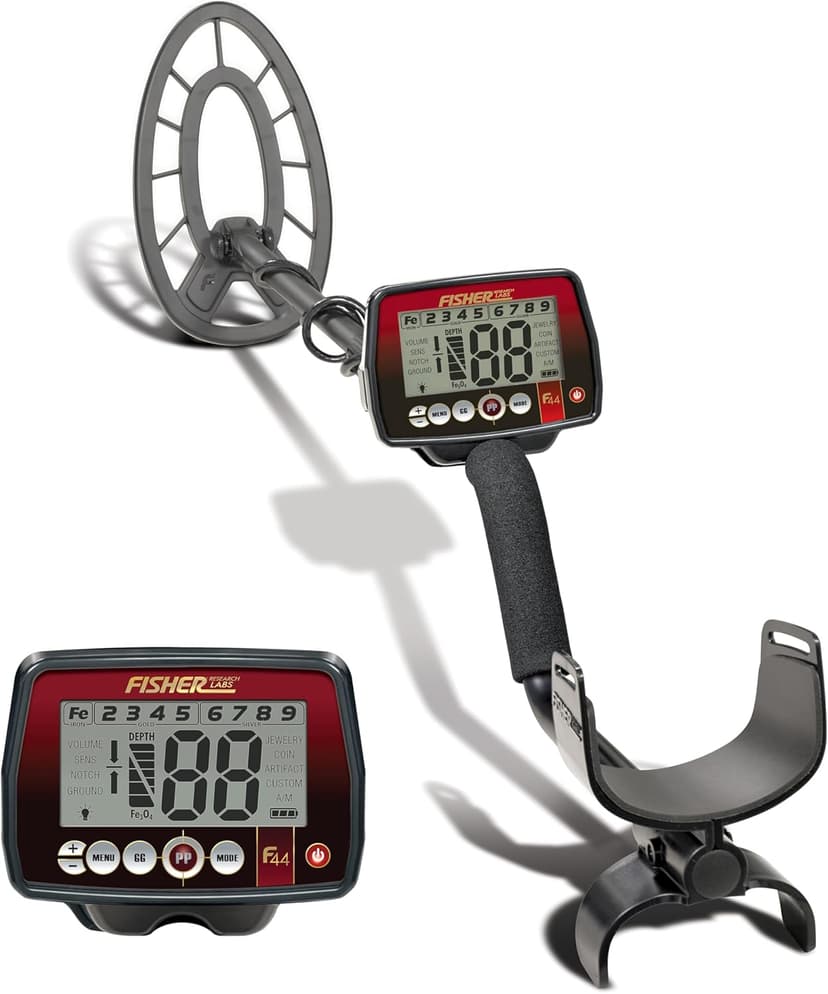 Fisher F44 Metal Detector with Weatherproof Design, Large LCD Display, and Sensitive Detection Features, Ideal for Both Beginners and Experienced Treasure Hunters Seeking Reliable Performance.