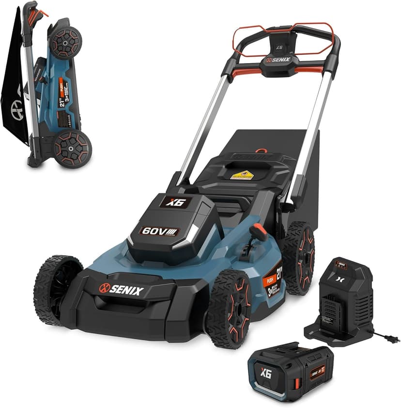 SENIX X6 60V 21-Inch 3-in-1 Cordless Lawn Mower with LED Light | 7 Height Adjustments, Smart Display, Bagging/Mulching/Side Discharge | 6Ah Li-ion Battery & Charger Included (LPPX6-H)