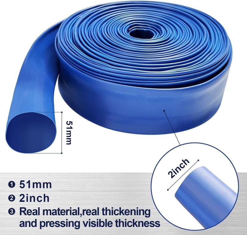 PVC Drain HOSE 2"*100ft, Pool Backwash Hose, Heavy Duty Reinforced Blue PVC Lay Flat Water, For Swimming Drain Pools and Clean Filters, with 2 Clamp