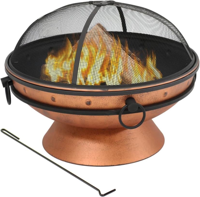 Sunnydaze 30-Inch Large Outdoor Fire Pit - Wood Burning Fire Pit for Outside with Poker and Screen - Copper Finish - Royal Cauldron