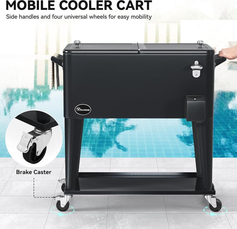 YITAHOME 80 Quart Patio Cooler Cart with Bottle Opener Drainage, Portable Rolling Beverage Cart for Pool Deck Party Cookouts