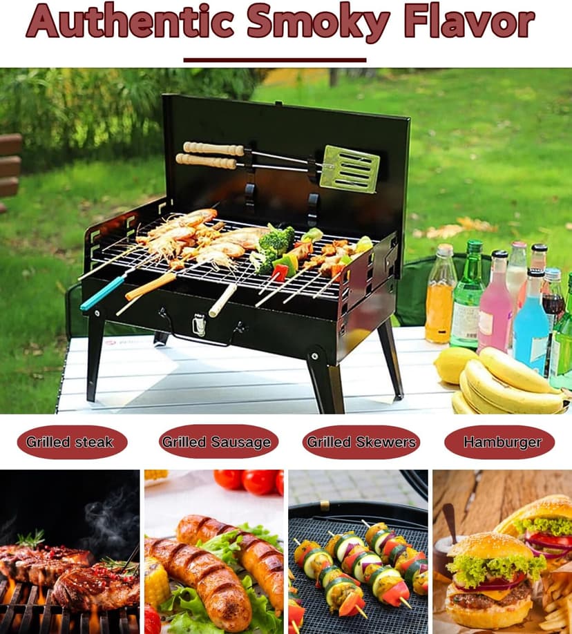 Portable Charcoal Grill Kit - 17.3" Folding BBQ Grill, Adjustable Heights,5 Skewers, 1 Spatula, 1 Fork, Mini Tabletop Grill, Small Grill Outdoor for Camping, Grilling Backyard, RV, Tailgating, Picnic
