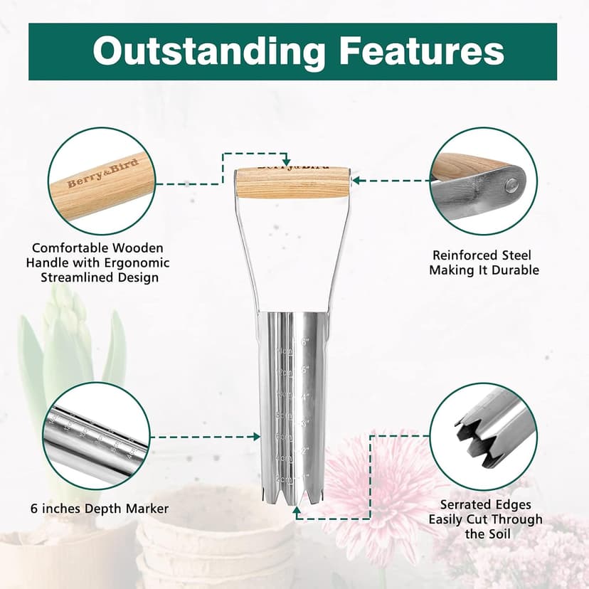 Garden Bulb Planter with 6 inches Depth Mark, Garden Bulb Transplanter Tool with Wooden Handle, Stainless Steel Soil Release Tool for Transplanting Digging Planting Flowers