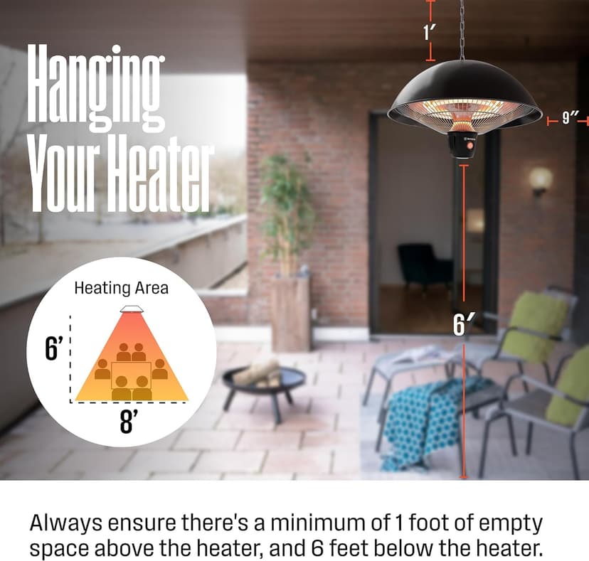 Westinghouse Outdoor Ceiling Patio Heater, Water Resistant, Adjustable Heat Output Up to 1500W, Auto Shut Off Overheat Protection, Hanging Infrared Heater for Patio Cover, Gazebo, & More - Black