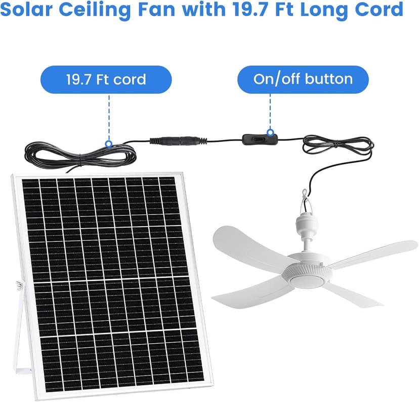 23.6'' Solar Ceiling Fan, 25W Solar Powered Hanging Fans for Outdoor Gazebo, Chicken Coop, Greenhouse, Shed, Dog House, 19.7 Ft Long Cord with On/Off Button