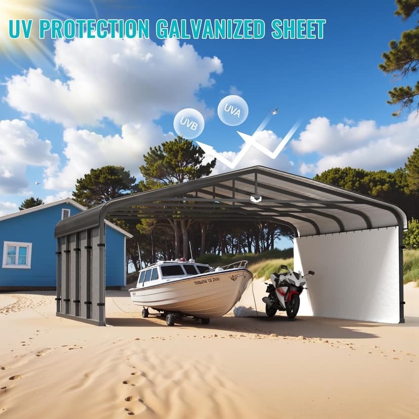 Metal Carport,Car Ports 20x20 Heavy Duty Metal for Snow,Car Tent Garage with Galvanized Metal Roof,Outdoor Two Car Carport All Weather with 2 PE Sidewalls