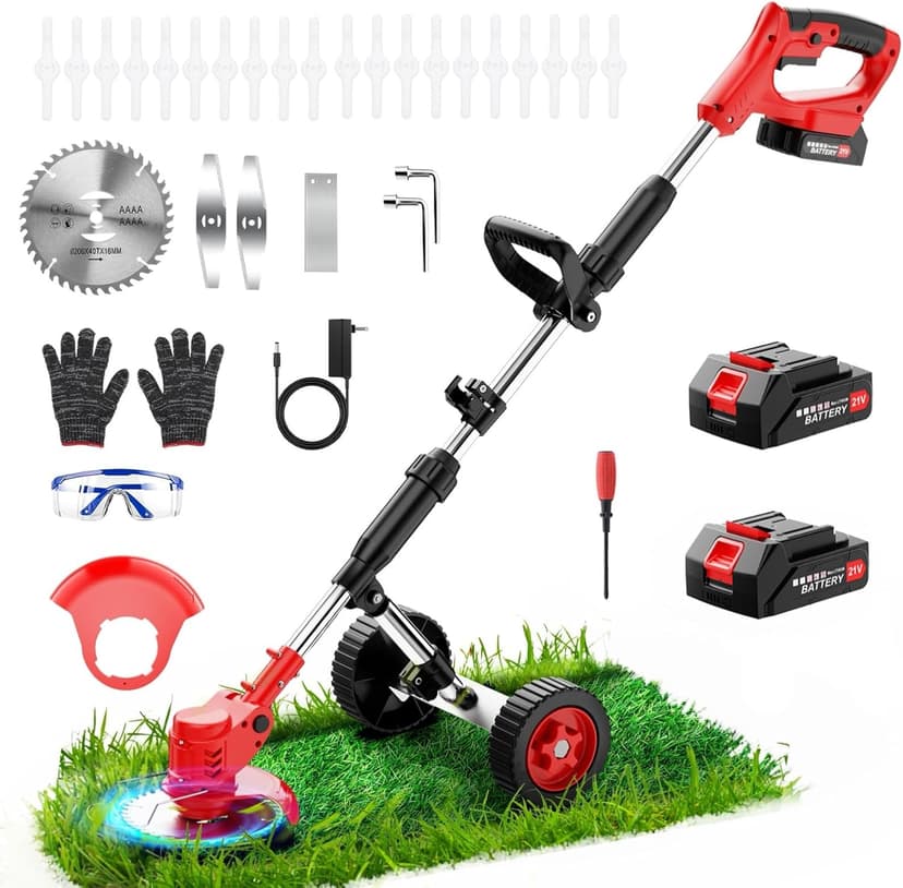 Electric Weed Wacker Cordless with Wheels,21V 2×2000mAh Weed Eater Battery Powered, 6-inch Cordless String Trimmer with 3 Types of Blades, Electric Grass Trimmer,Lawn Edger, Mower for Yard,Garden