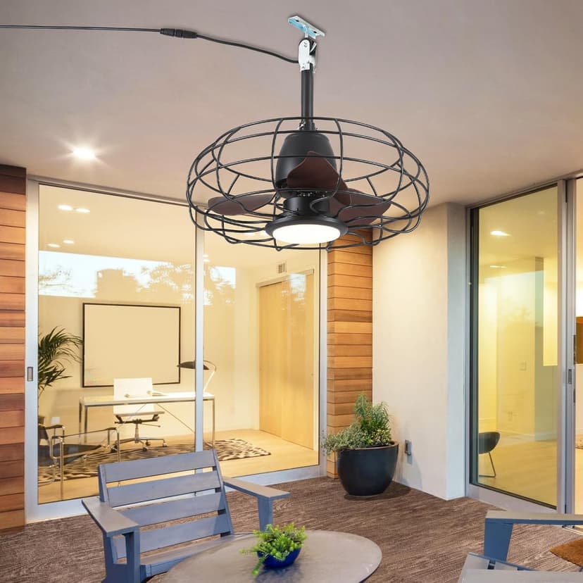 Outdoor Waterproof Ceiling Fan - 20" Caged Ceiling Fans with LED Lights, Reversible AC Motor, Low Profile Industrial Fan Light Fixture, Plug In with Hook Ceiling Fan for Outdoor Patios, Gazebo