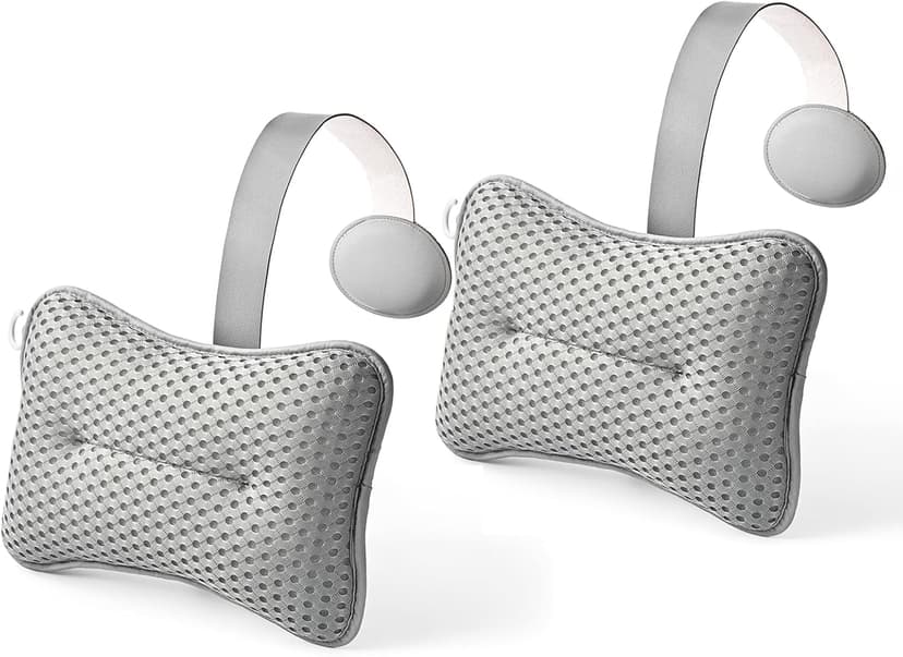 2-Pack Large Pillow for Hot Tub (Grey), Spa, and Chaise Lounge - Universal Headrest & Neck Support Cushion, Adjustable Height with Long Strap, Easy Drying with Hook (2-Pack)