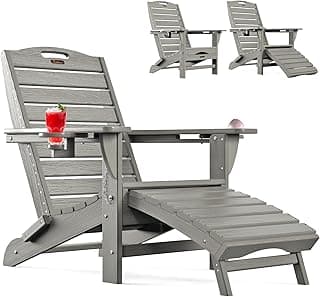 Ciokea Folding Adirondack Chair with Retractable Ottoman, Outdoor Fire Pit Chairs with Pull Out Foot Rest Weather Resistant Lawn Patio Chair with 2 Cup Holder (Gray)