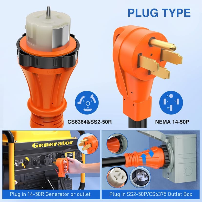 Nilight 50 Amp 25FT Generator Extension Cord 250V 12500Watt Heavy Duty 6/3+8/1 Gauge Pure Copper STW Wire UL Listed 4 Prong 14-50P SS2-50R&CS6364 Twist Lock for RV Camper Outdoor Use