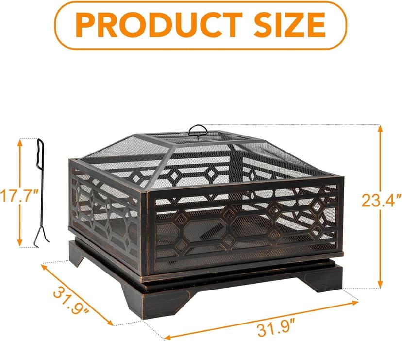 Outdoor Fire Pit, 32 Inch Wood Burning Firepit for Outside with Mesh Cover & Fire Poker, Large Extra Deep Square Metal Fireplace for Patio, Backyard, Camping, Bonfire Party