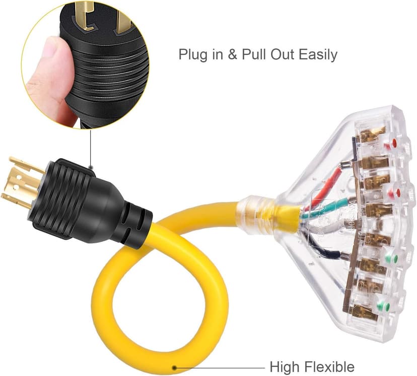 30 Amp to 110 Adapter Generator Power Cord, 4 Prong 30 Amp to 15 Amp Generator Adapter, Nema L14-30P Male to 4X 5-20R Female with Dust Protection Caps, 1.5 FT