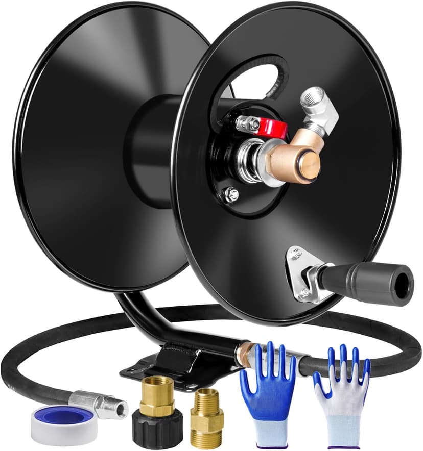 Heavy Duty Power Washer Hose Reel - 50ftx3/8' / 65ftx1/4', M22-14 Fitting, Wall/Trailer/Van Mount, Manual Crank