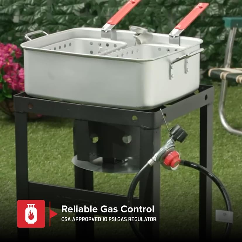 Nexgrill 18 Qt Aluminum Fish Fryer with Crawfish Boiler Pot & Double Strainer Basket for Poultry, Seafood, and More, 58,000 BTU Outdoor Deep Fryer, Welded Steel Stand & Included Thermometer - 840-0006