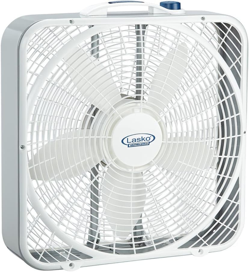 Lasko Weather-Shield Performance Box Fan, 3 Speeds, Innovative Wind Ring System for Up to 30% More Air, Carry Handle for Bedroom, Office, Home, 20 Inch, White, 3720