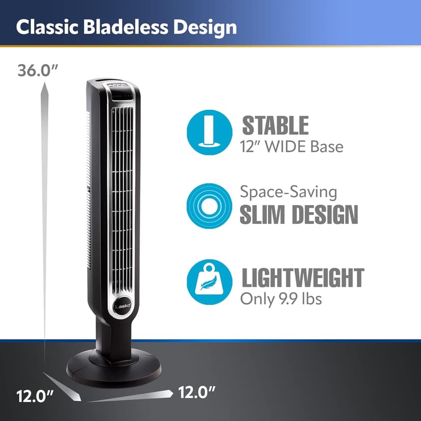Lasko Oscillating Tower Fan, 3 Quiet Speeds, Timer, Remote Control, for Bedroom, Kitchen, Office, 36", Black, 2511