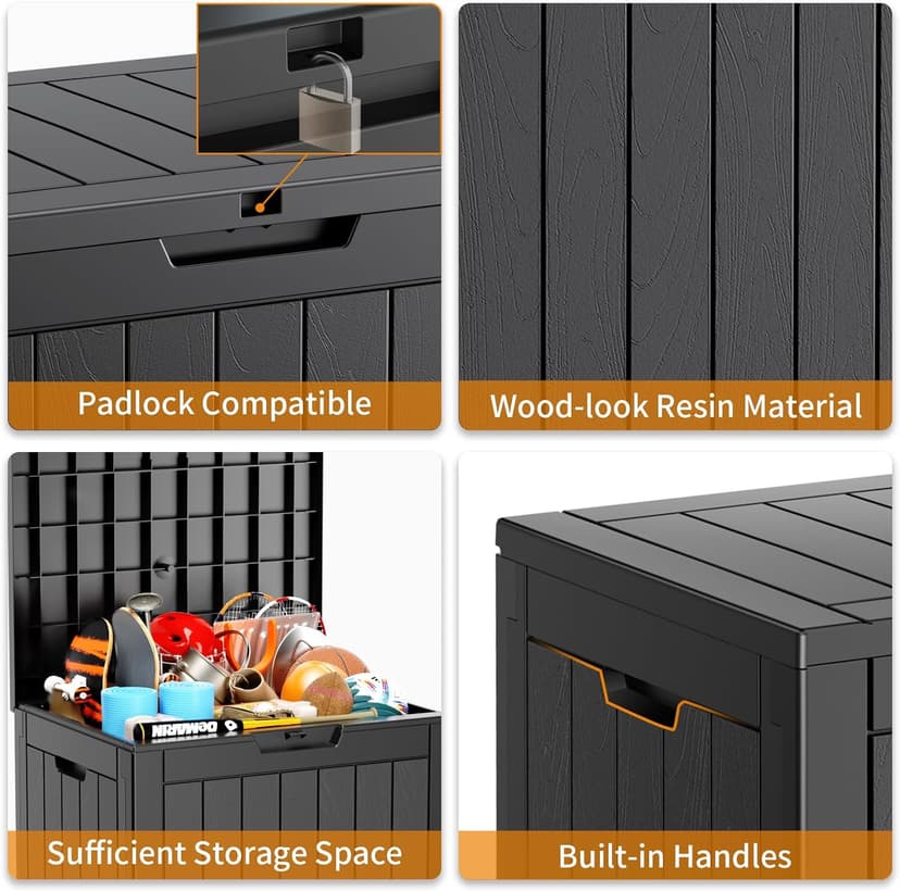 31 Gallon Resin Deck Box, Lockable Patio Outdoor Storage Box for Furniture, Garden Tools and Tools Storage, Waterproof Outside Storage Boxes - Black