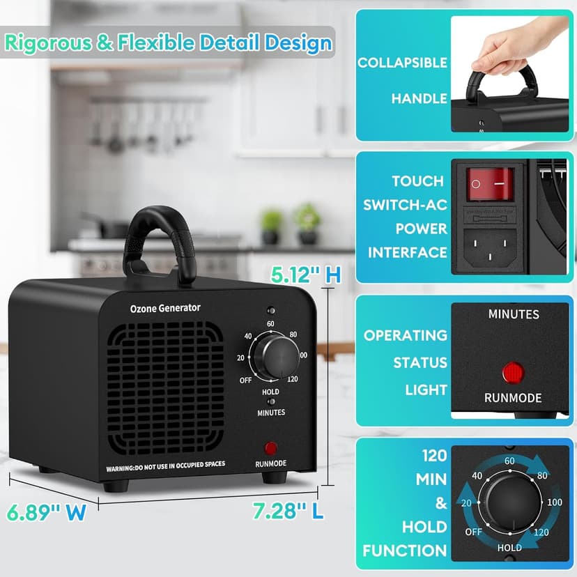 Ozone Generator 60000mg/h, High Capacity Ozone Machine, Odor Eliminator for Home, Car, Smoke, Pets, O3 Air Purifier Deodorizes 6,000 Square Feet (Black)
