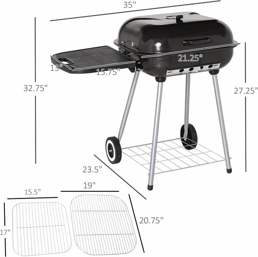 Outsunny Portable Charcoal Grill with Foldable Side Shelf and Bottom Shelf, BBQ Smoker with Wheels and Adjustable Vents on Lid for Picnic Camping Backyard Cooking, Black