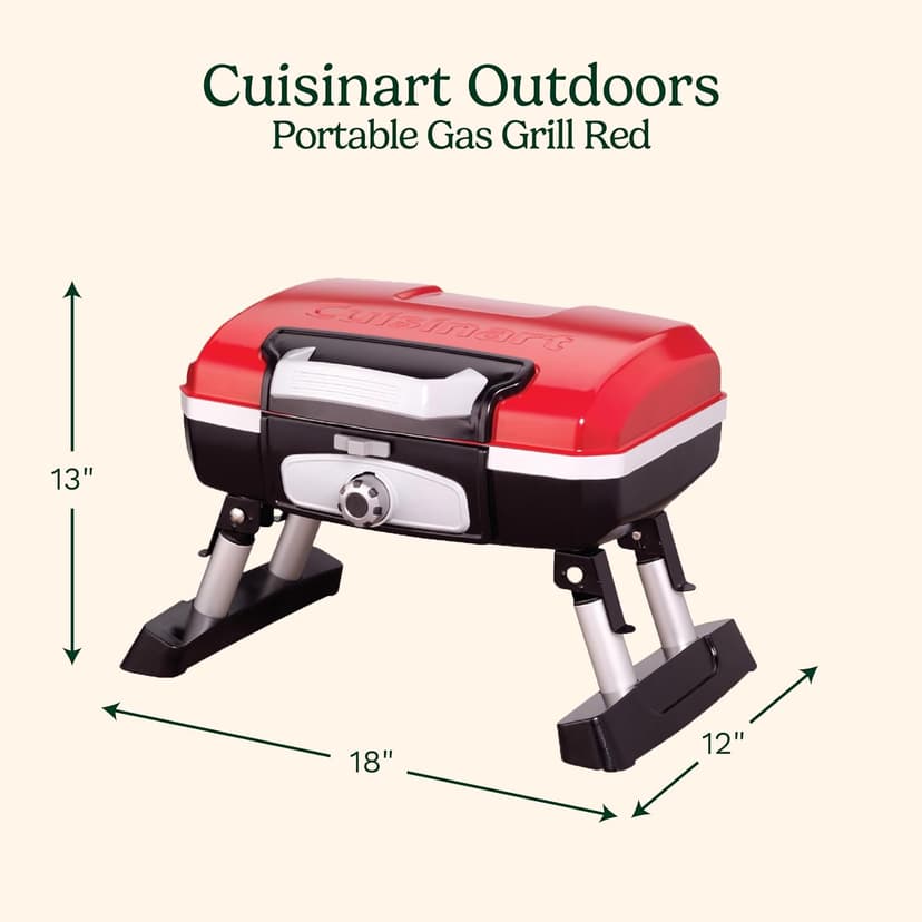 Cuisinart Petite Gourmet Portable Gas Grill, Compact & Lightweight Tabletop Small Grill for BBQs, Camping, Tailgates & Small Spaces, 5,500 BTU Burner Folding with Carry Handles, Red