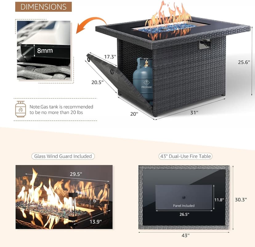 NICESOUL Wicker Propane Fire Pit Table, 60000 BTU Large Natural Gas Firepit Tables, 43'' Rectangle CSA Fireplaces for Deck Backyard, Fire Table with Windguard&Glass Rocks&Cover, Gray