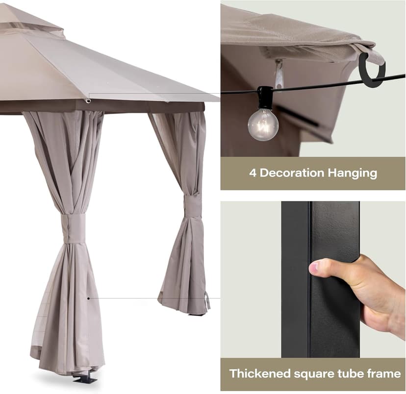 LAUSAINT HOME Outdoor Patio Gazebo with Expansion Bolts, Double Roof Soft top Gazebos Shelter Party Tent with Mosquito Nettings and Privacy Screens for Backyard, Deck, Garden, Lawn (10x10, Khaki)