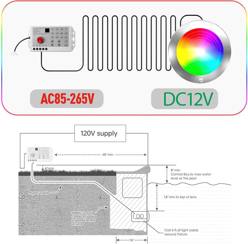 60ft Led Smart Pool Lights for Inground Pool with 3 Control Way (App/Remote/Controller), 54W 10 Inch Color Changing Underwater Swimming PoolLight for 10" Large Wet Niches