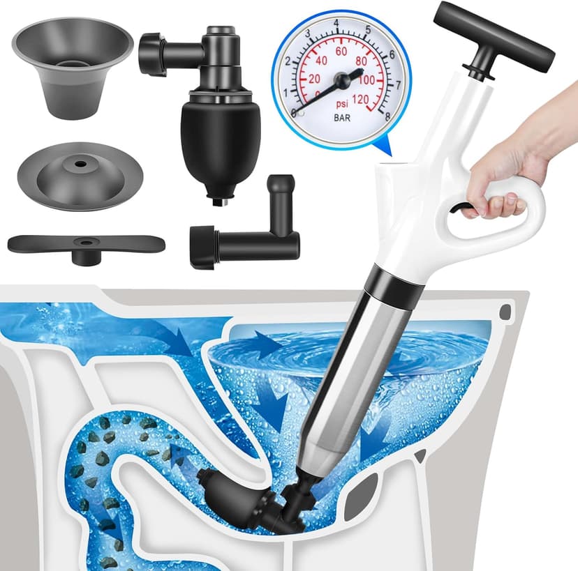 High Pressure Toilet Plunger, Air Drain Blaster Gun with Visual Barometer and Stainless Steel Plungers, Powerful Drain Clog Remover Tool for Sink, Toilet, Floor Drain - Heavy Duty Toilet Plungers