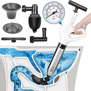 High Pressure Toilet Plunger, Air Drain Blaster Gun with Visual Barometer and Stainless Steel Plungers, Powerful Drain Clog Remover Tool for Sink, Toilet, Floor Drain - Heavy Duty Toilet Plungers