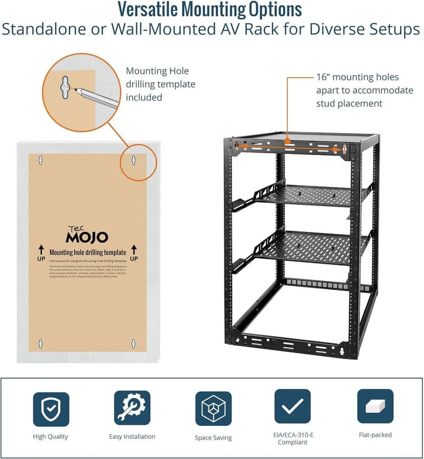 Tecmojo 20U Open Frame Network Rack for IT & AV Gear, Black, Alloy Steel, Rack Mount, Wall Floor Mount, Compatible with Networking Devices, Servers, IT Equipment