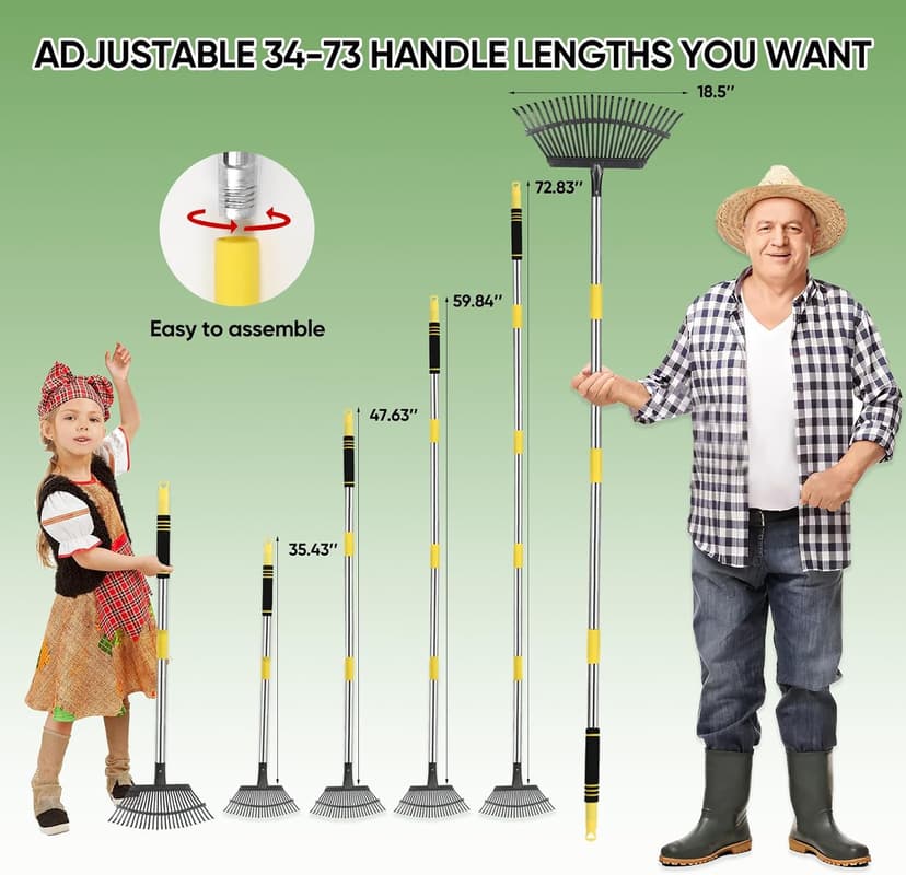 Rake Heavy Duty 6FT Long Garden Rake , 18.5 Inch Wide, 25 Metal Tines, Adjustable Stainless Steel Handle, Leaf Rakes for Leaves, Yards, Grass, Garbage, Weeds, Debris (Yellow)