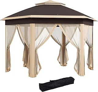Outsunny 13' x 13' Pop Up Gazebo, Hexagonal Canopy Shelter with 6 Zippered Mesh Netting, Event Tent with Strong Steel Frame for Patio Backyard Garden Wedding Party, Beige