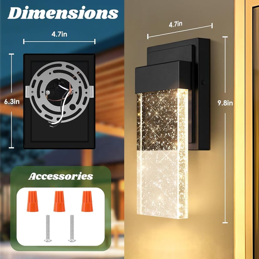 BesLowe Outdoor Wall Light Fixtures with Crystal Bubble Glass, Waterproof Exterior Sconces LED Wall Lanterns, Porch Lights Wall Mounted 10W 3000K Outside Lights for House Front Door Garage Entryway