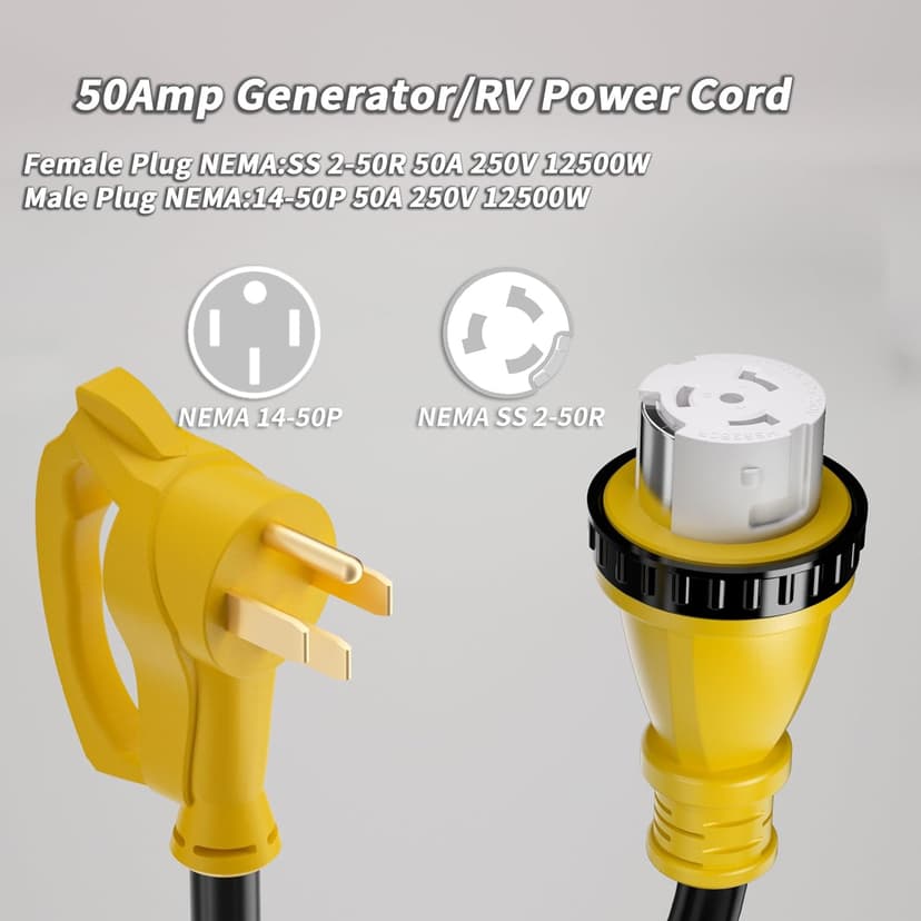 50 Amp Generator Cord, 25FT 50 Amp RV Extension Cord with Twist Lock, Generator Cable 50A 4 Prong Yellow, NEMA 14-50P/SS2-50R Heavy Duty 6/3+8/1 AWG STW Wire for RV Camper & House