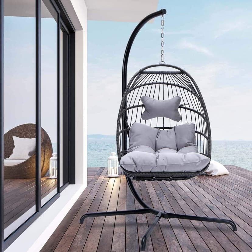 NICESOUL Swing Egg Chair Outdoor Indoor, Patio Wicker Hanging Egg Chairs with Stand, Swinging Hammock with Padded Cushions, 350lbs Sturdy Egg-Shaped Seating for Porch Bedroom Balcony Xmas Gift, Grey