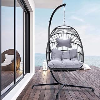NICESOUL Swing Egg Chair Outdoor Indoor, Patio Wicker Hanging Egg Chairs with Stand, Swinging Hammock with Padded Cushions, 350lbs Sturdy Egg-Shaped Seating for Porch Bedroom Balcony Xmas Gift, Grey